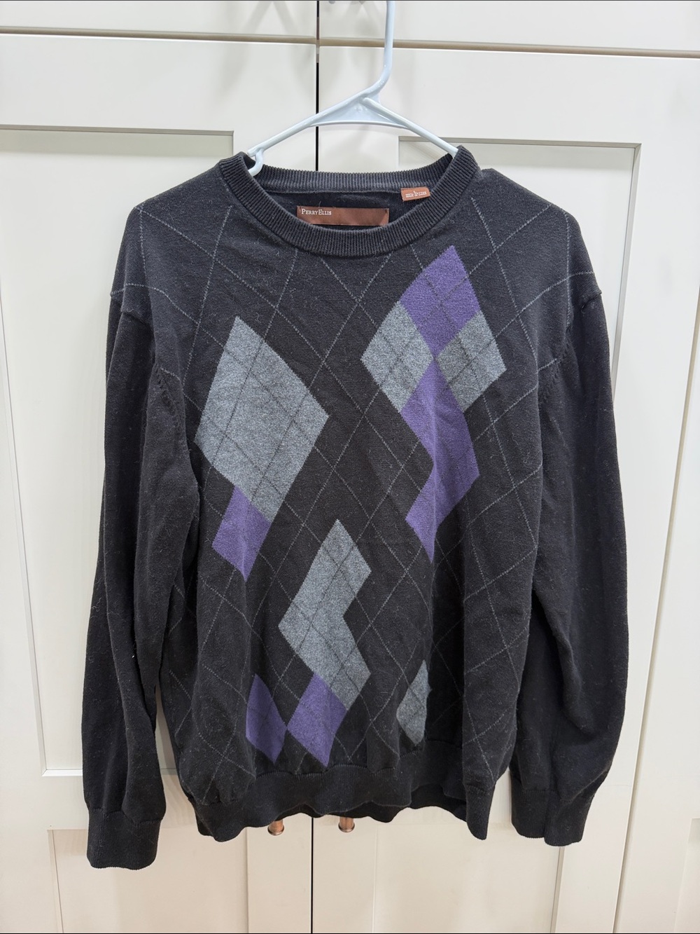 Perry Ellis Black Crewneck Sweater with Purple & Gray Argyle